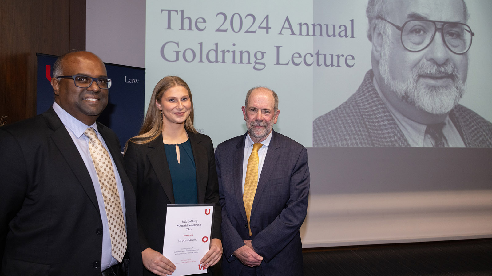 UOW Dean of Law Professor Dilan Thampapillai, 2024 Jack Goldring Memorial Scholarship winner Grace Bowles and 2024 Goldring Lecturer Professor Donald Rothwell.
