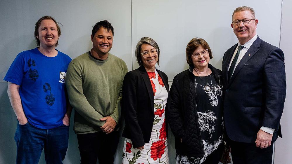 Molecular Horizons researchers Dr Luke McAlary, Dr Jeremy Lum and Professor Lezanne Ooi with Catherine and Graham Lancaster.