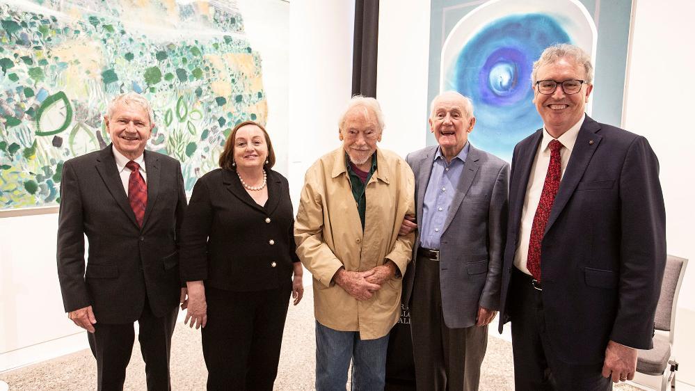 UOW Vice-Chancellors past, present and future with artist Guy Warren: (L to R) Emeritus Professor Gerard Sutton, Professor Patricia Davidson, Guy Warren, Emeritus Professor Ken McKinnon AO and Professor Paul Wellings CBE.