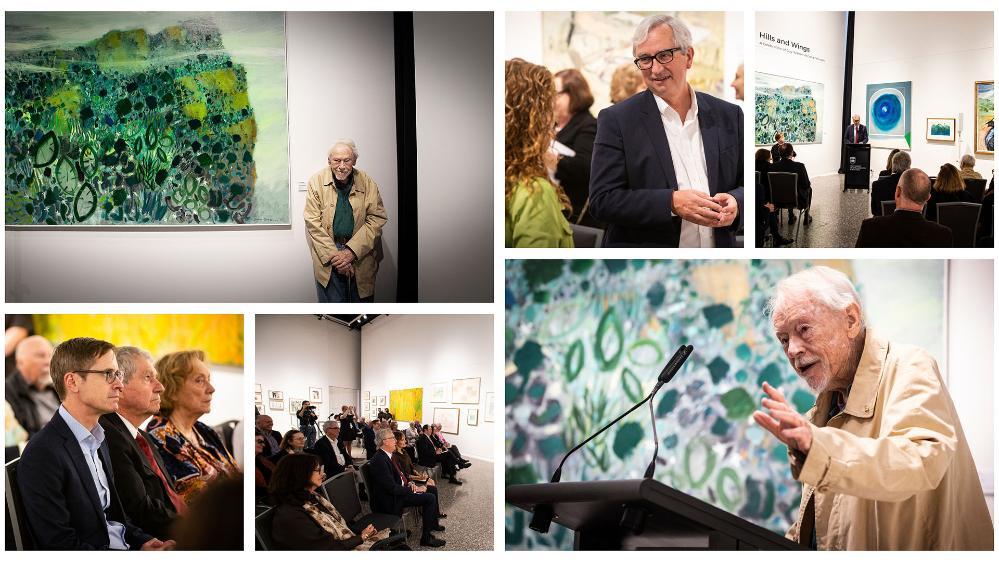 Collage of crowd scenes from the opening of the Guy Warren exhibition