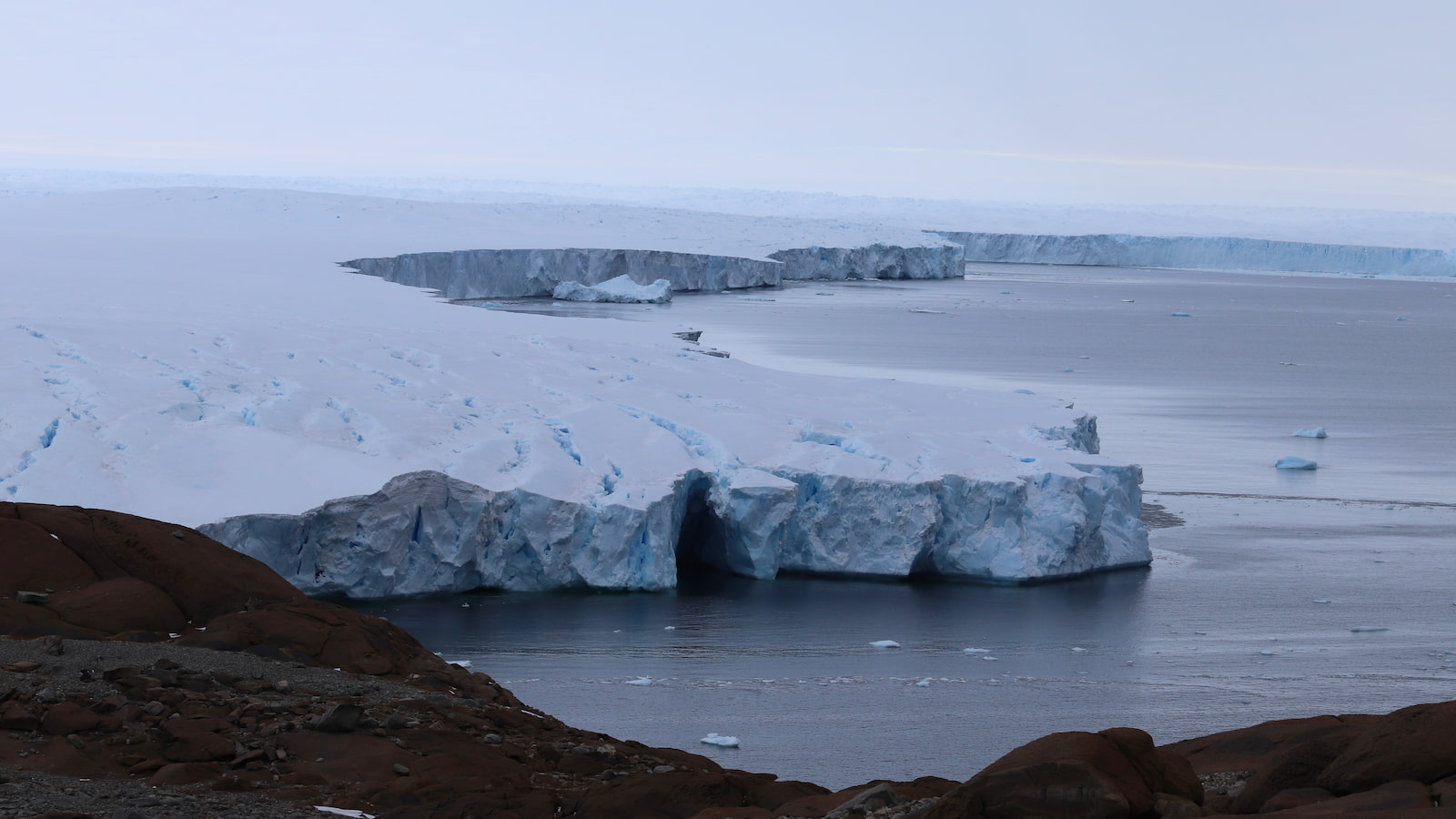 A aerial view of a huge glacier in Antarctica, surrounded by water. Photo: Krystall Randall