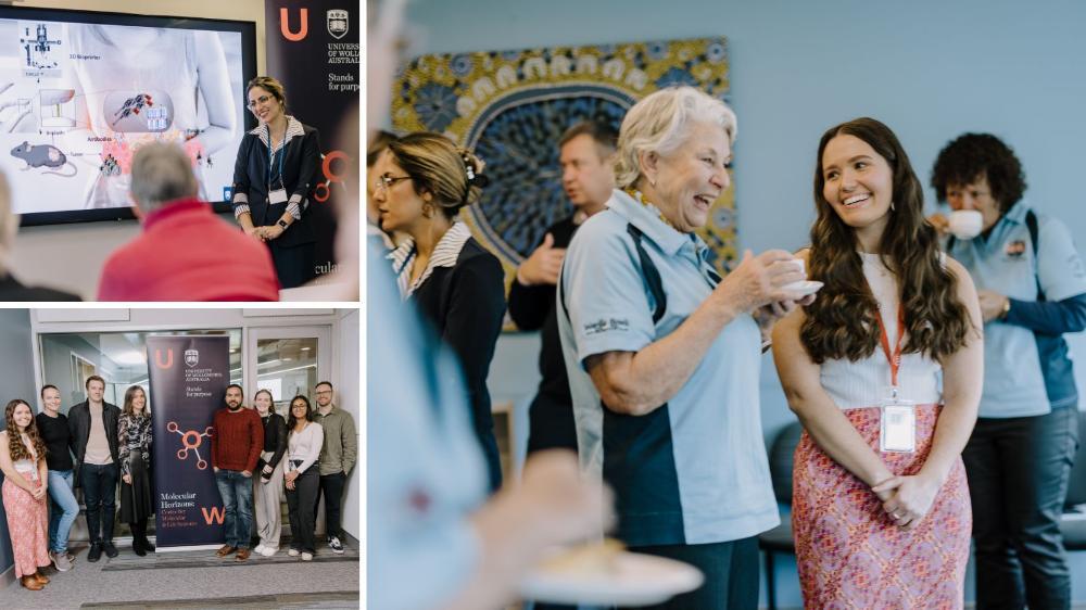 Collage of photos from the event. The latest philanthropic donation was presented by Illawarra Cancer Carers volunteers to UOW researchers on Wednesday 24 July during a presentation on the latest UOW research findings. Photos: Michael Gray