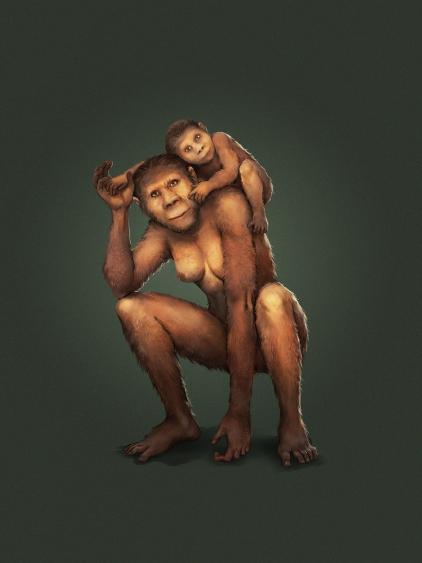 Illustration of the mother-infant bond of Australopithecus africanus - (Credit Garcia and Joannes-Boyau)