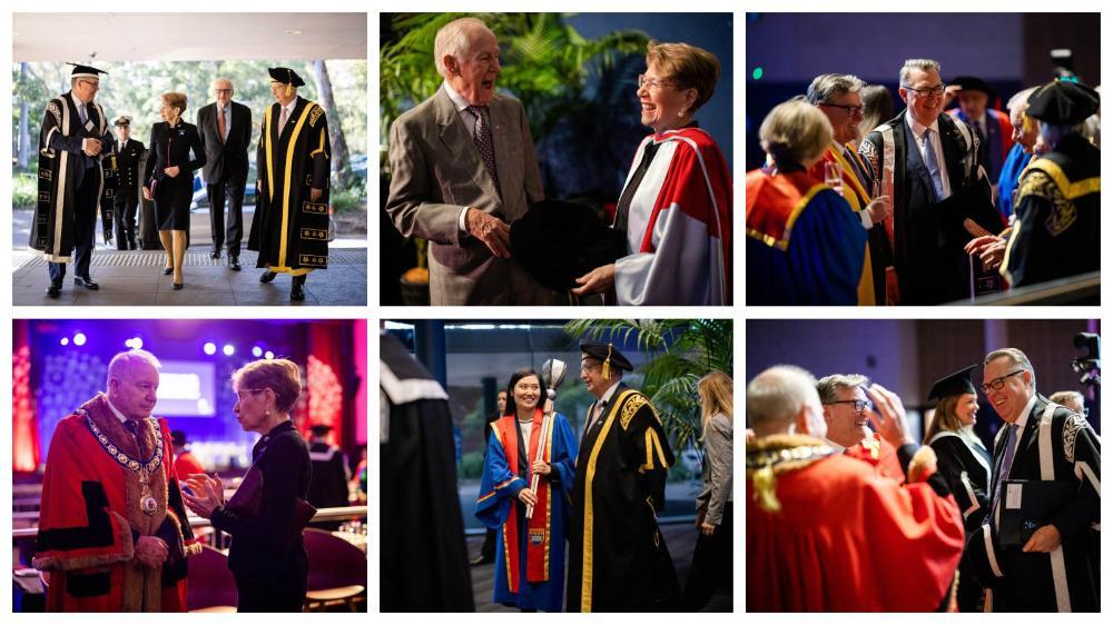 Collage of images from the ceremony to install Mr Michael Still as the University's fifth Chancellor, showing guests arriving and preparations before the ceremony.