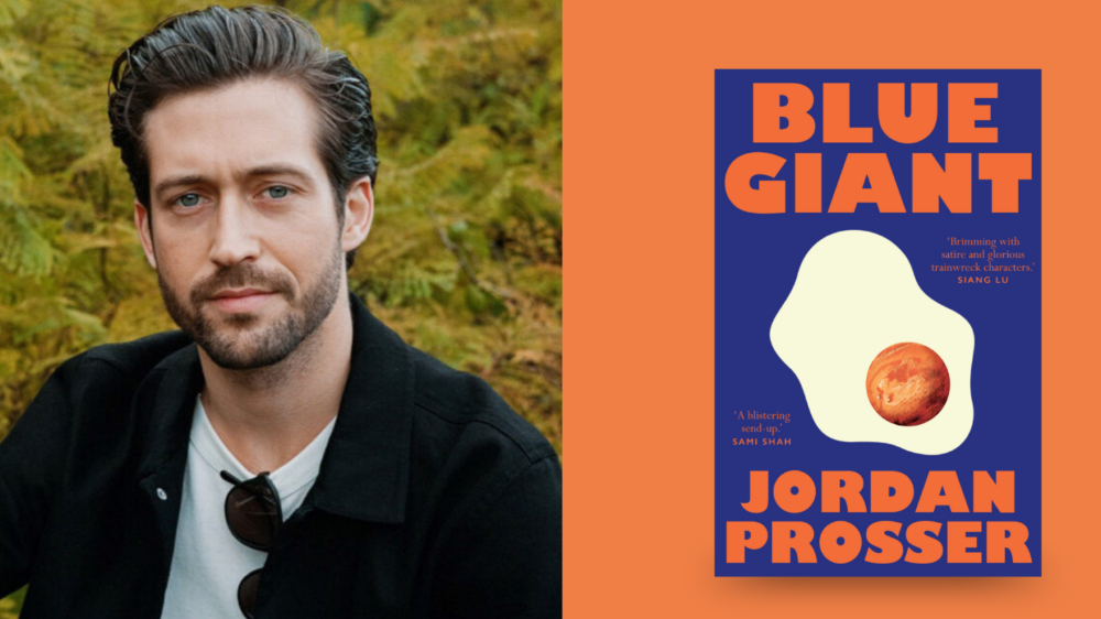 Cover artwork for 'Blue Giant' by Jordan Prosser. Profile photo of the author Jordan Prosser. Credit Sarah Walker, University of Queensland Press.
