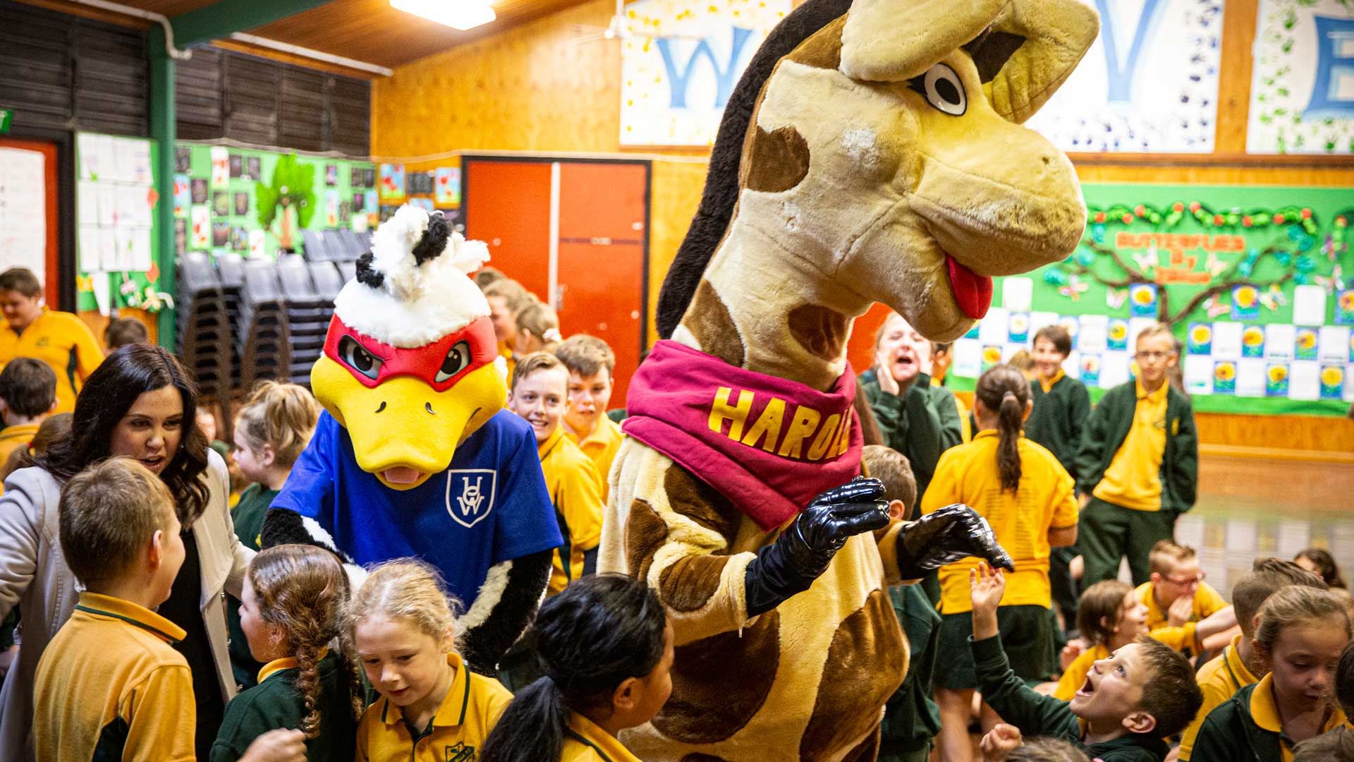 Baxter the Duck and Healthy Harold visit Warilla Public School. Photo: Paul Jones