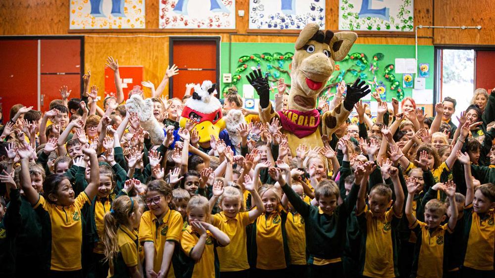 Baxter the Duck and Healthy Harold visit Warilla Public School. Photo: Paul Jones