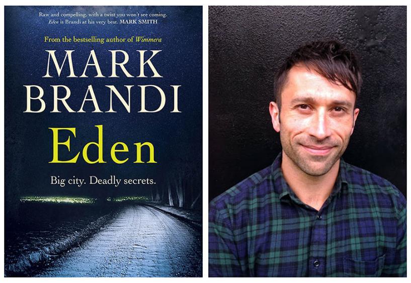 The cover of Mark Brandi's crime novel Eden next to a photo of the author.