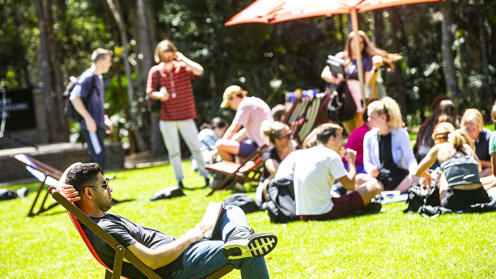 Students on the duck pond lawn on a sunny day