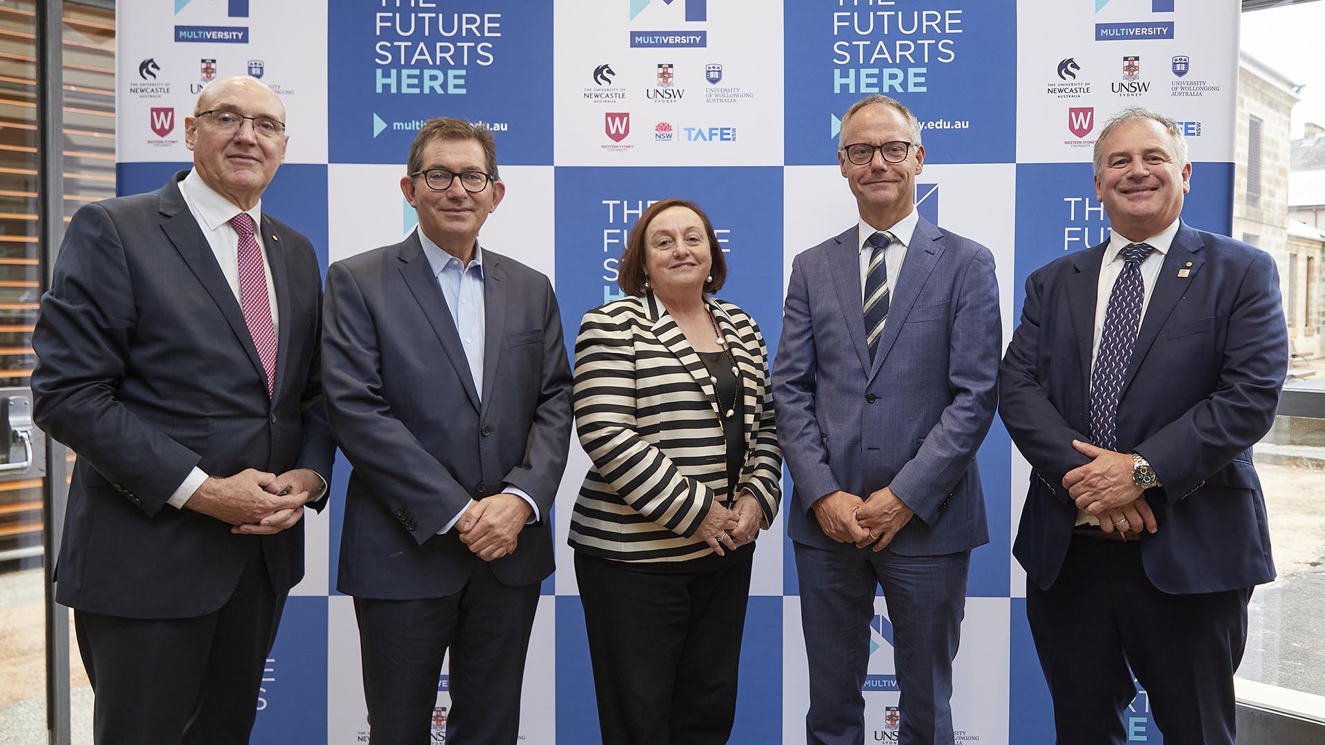 WSU Vice-Chancellor Professor Barney Glover, UNSW Vice-Chancellor Professor Ian Jacobs, UOW Vice-Chancellor Professor Prof Patricia Davidson, TAFE NSW Managing Director Mr Steffen Faurby, UON Vice-Chancellor and Multiversity Board Chair Professor Alex Zelinsky.