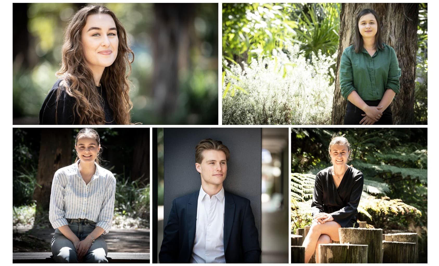 A split image of the five New Colombo Plan Scholars. Clockwise, Hannah Lawrance, Lara Hase, Lauren Kemp, James Watson and Maya Willis. Photo: Paul Jones