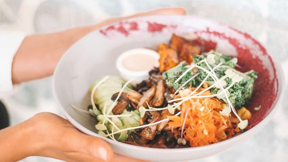 Hands hold a small bowl of vegetarian food