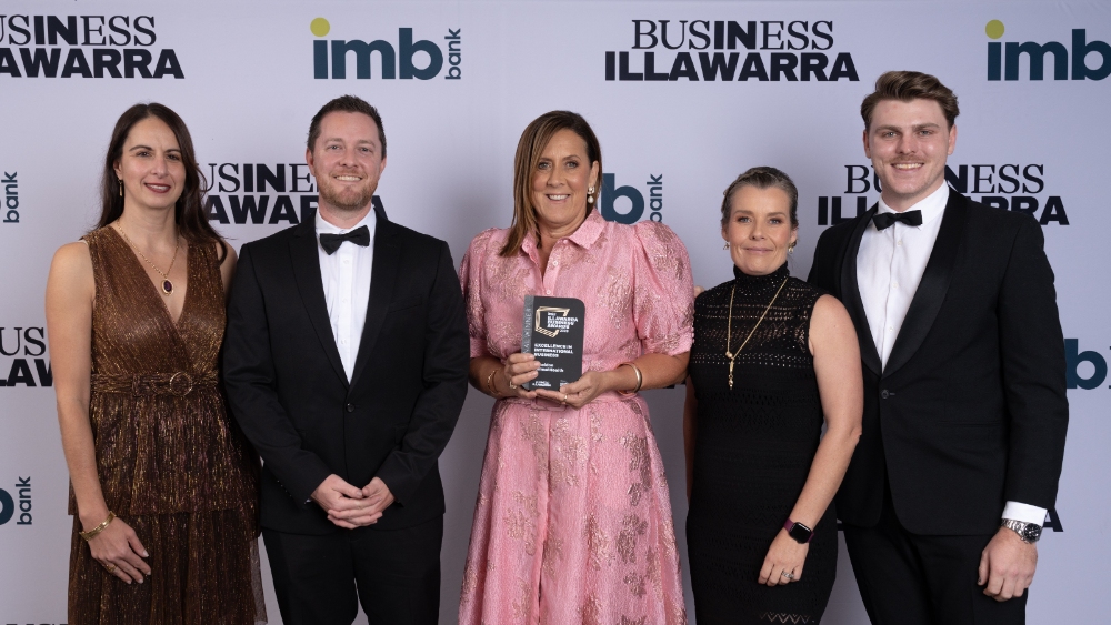Poseidon Animal Health was named the 2026 IMB Bank Illawarra Business of the Year. Led by UOW alumni Peter Lord and Linda Goldspink-Lord, and was also recognised in the Excellence in International Business and Excellence in Medium Business categories. Photo: Business Illawarra