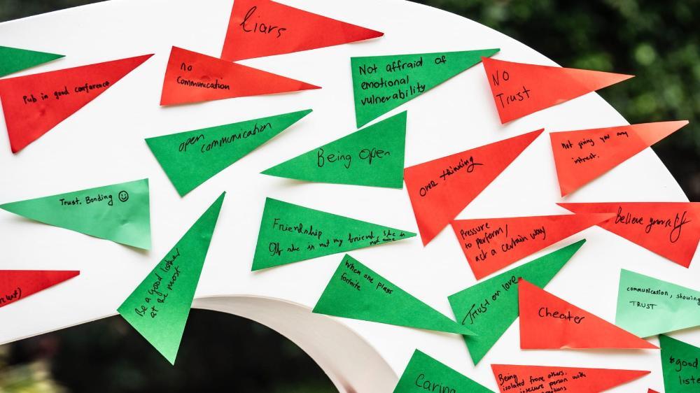 A close-up of red and green flags on the Respect letters. Photo: Paul Jones