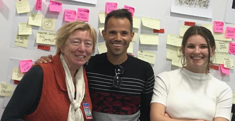 Siobhan McHugh (left) with host Richard Baker and executive producer Rachael Dexter at a production meeting for The Last Voyage of the Pong Su. Photo: Supplied