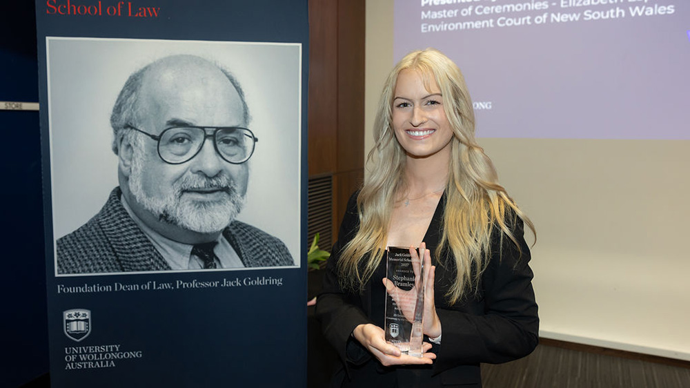 Law student Stephanie Bramley after being awarded the Jack Goldring Memorial Scholarship at the 20206 Goldring Lecture.
