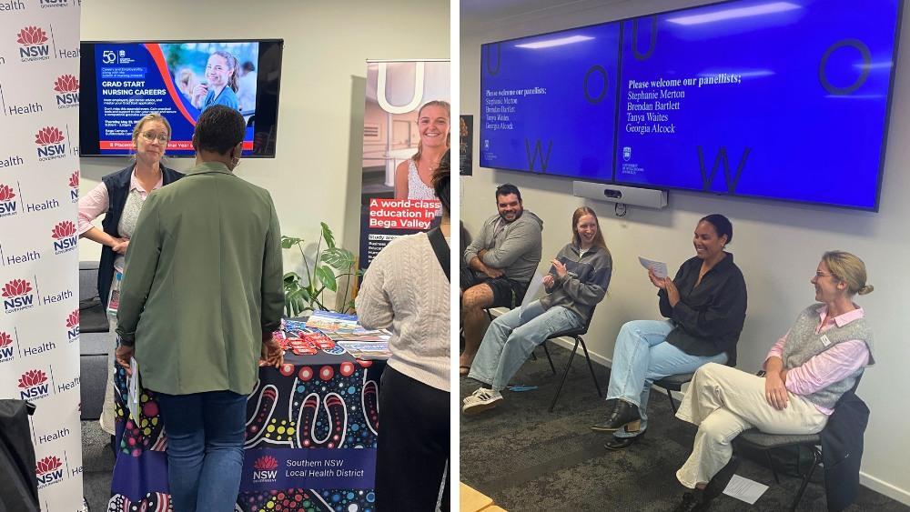 UOW Bega nursing graduate Stephanie Merton presents to future students during UOW Bega Careers Day presentation. Collage of photos of Stephanie talking to students at the stall and presenting as part of the panel.