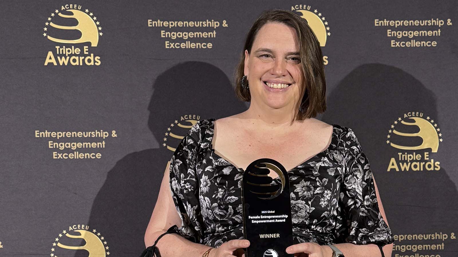 iAccelerate Director Dr Tamantha Stutchbury with the 2025 ACEEU Global Triple E Award for Female Entrepreneurship Empowerment Award