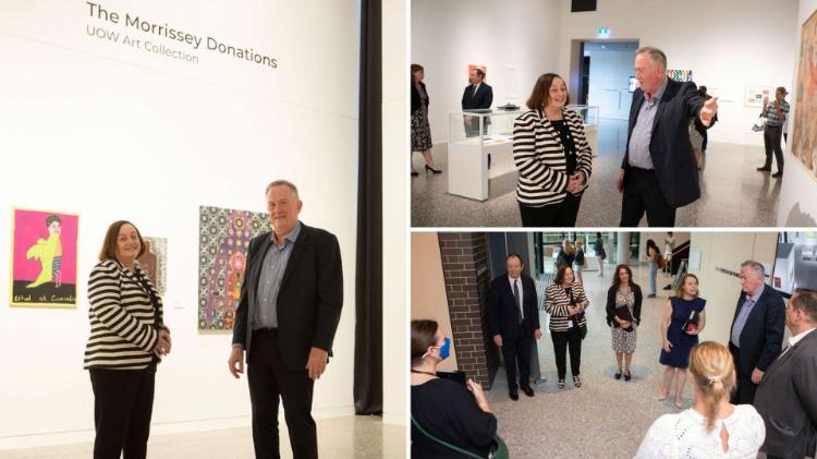 Collage of Mr John Morrissey and UOW Vice-Chancellor Professor Patricia M. Davidson touring The Morrissey Donations exhibition
