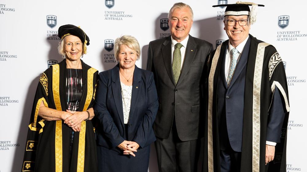 UOW Chancellor Jillian Broadbent, Judy Brewer, politician John Sharp, and Vice-Chancellor Professor Paul Wellings. Photo: Paul Jones