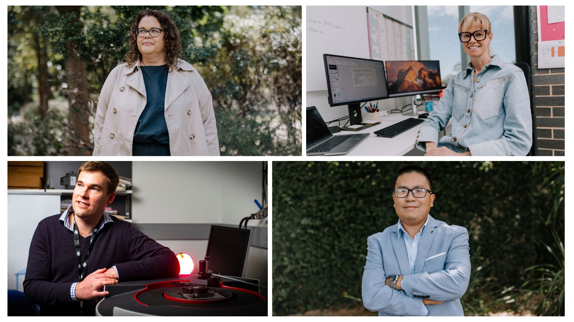 A photo collage with (clockwise from left) Dr Chantel Carr, Professor Bridget Kelly, Associate Professor Khoa Nguyen, and Dr David Cortie.