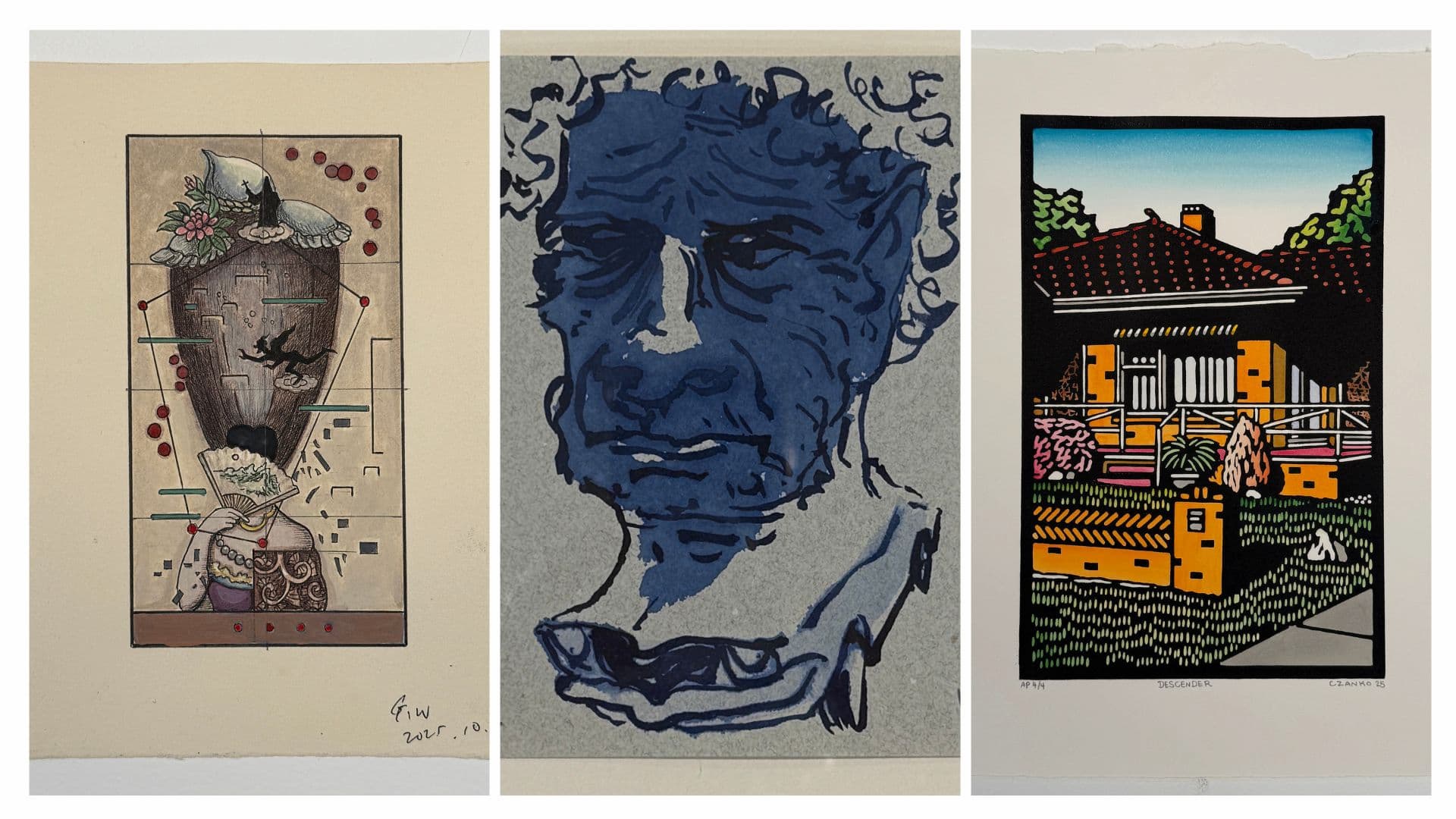 A collage of three paintings from renowned artists, from left, Guan-Wei, Ben Quilty, and Chris Zanko.