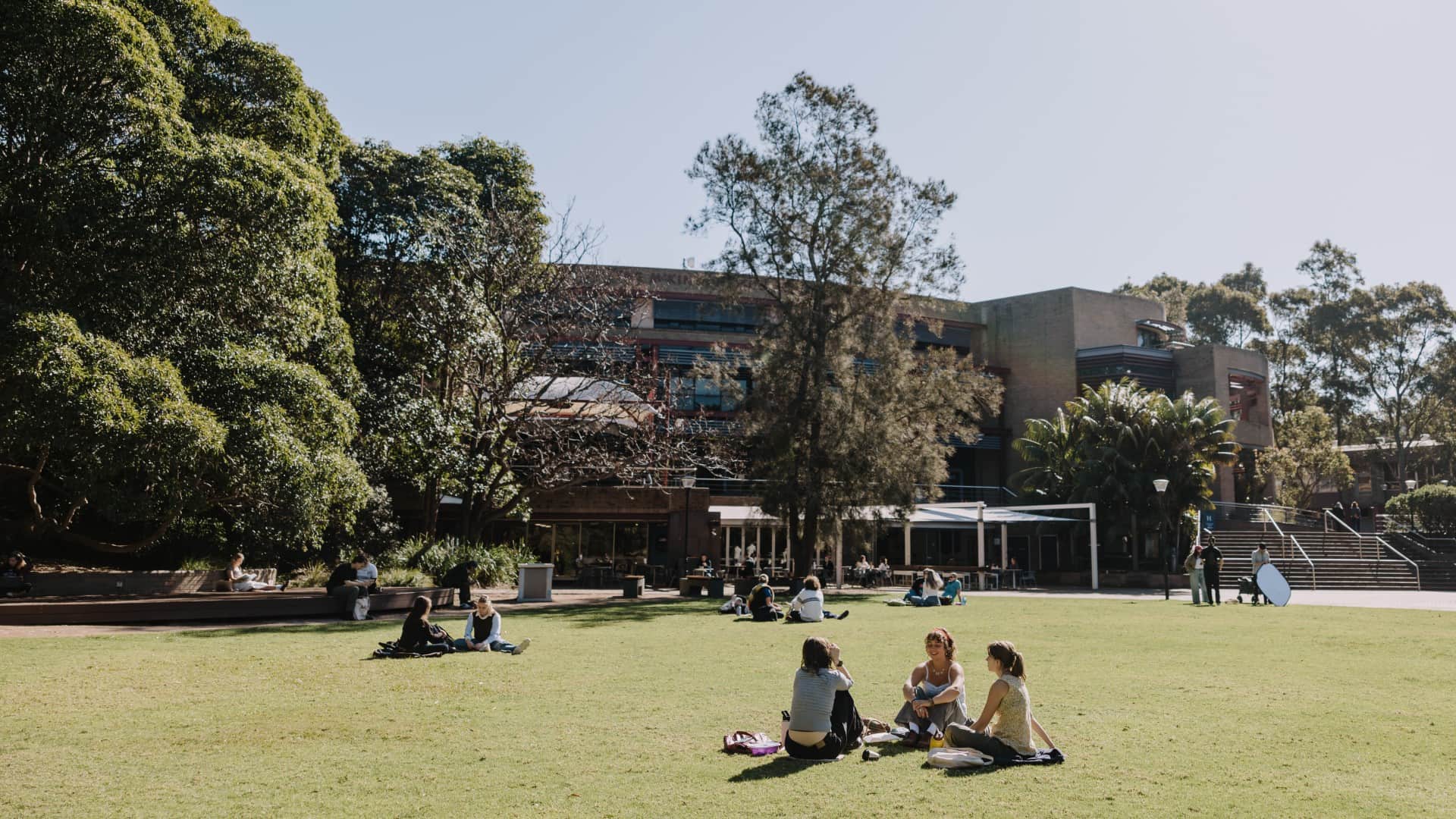 Students relax in groups on the lawn in front of a large building. Photo: Michael Gray