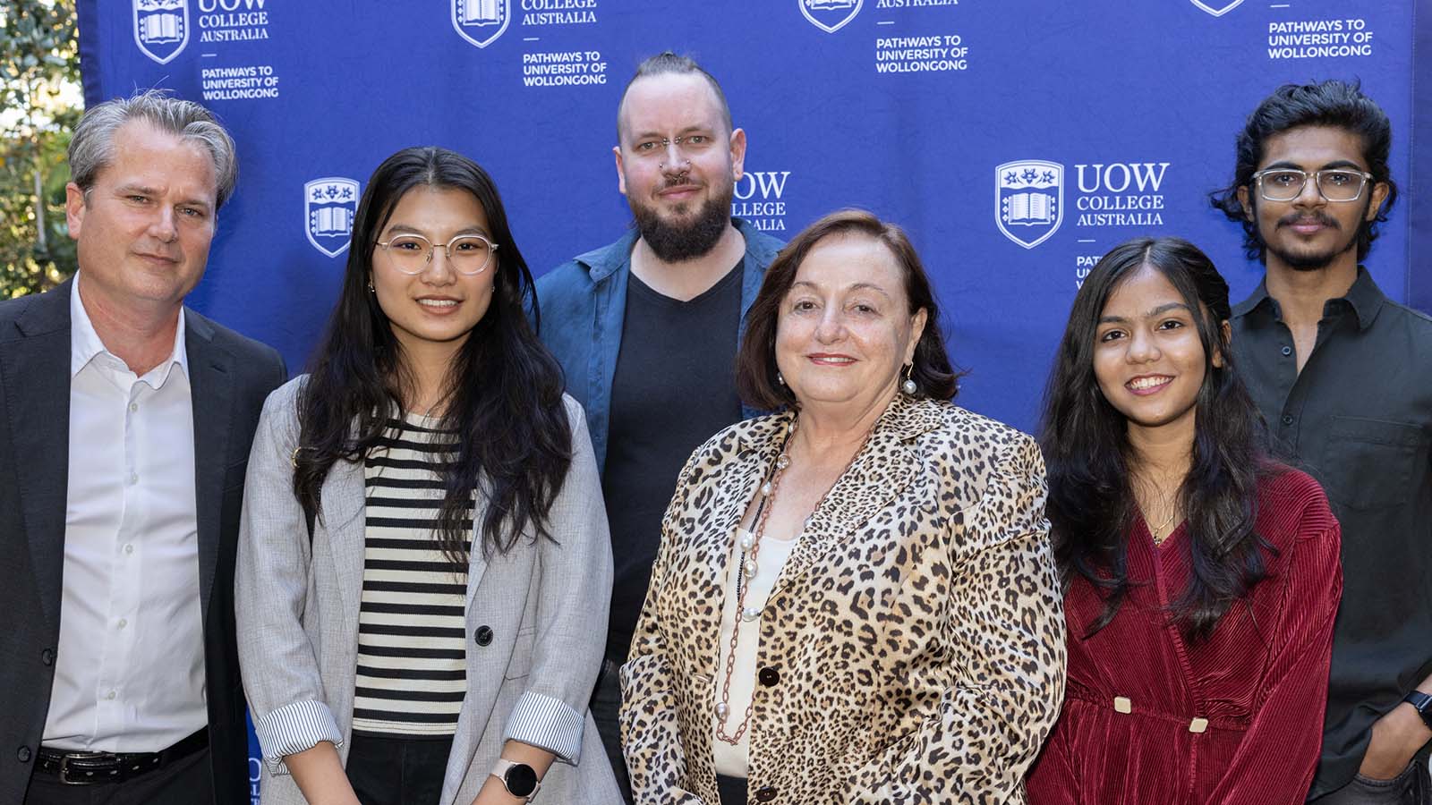 UOW College Australia General Manager Felix Lanceley, Mai Phuong Ngo, Byron Frencham, UOW Vice-Chancellor Professor Patricia Davidson, Kamakshi Bhatt and Gunjan Wagh at the celebration of UOW College Australia