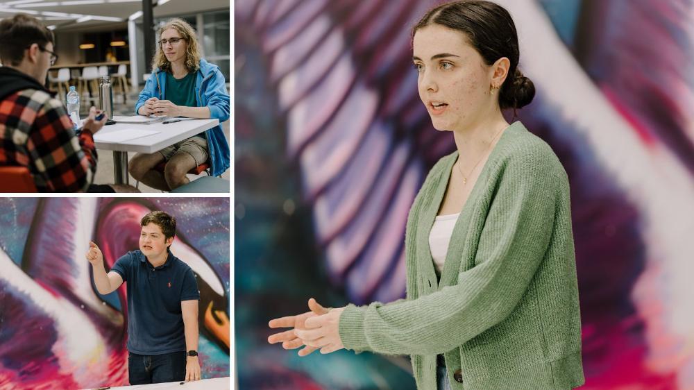 Collage of photos of Angus Braiden and Callum Belgrove, Amelie Clare and Lachlan Middlemiss during practice debates at a SWORDS internal meeting at UOW ý. Photo: Michael Gray