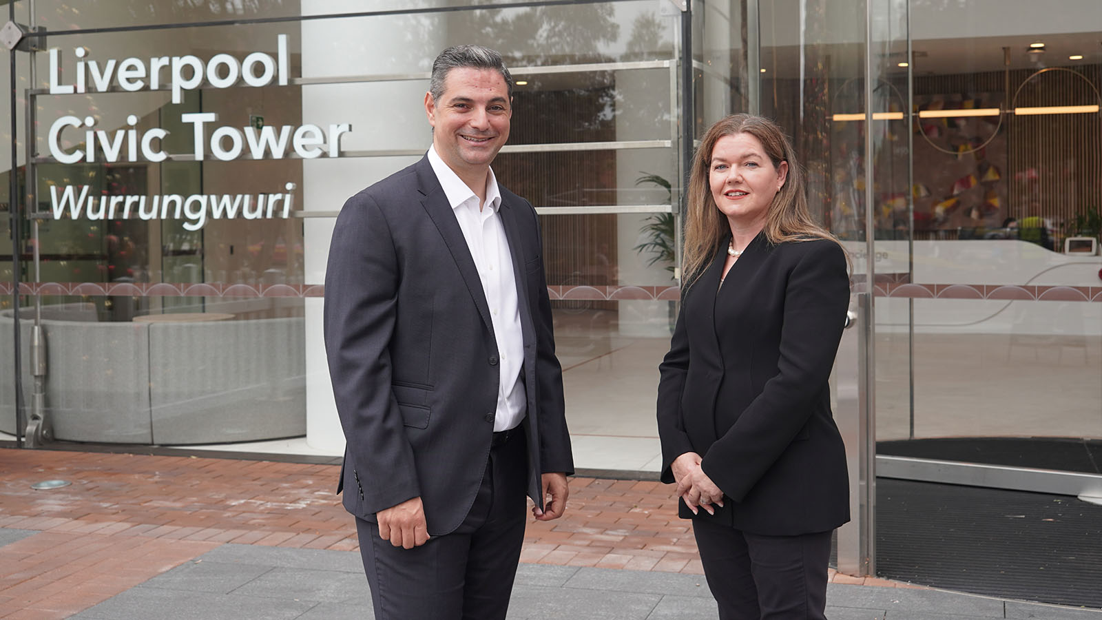 Liverpool City Council Mayor Ned Mannoun with UOW Pro Vice-Chancellor (Health – Sydney Campuses) Professor Louise Hickman at the Civic Place building in Liverpool.