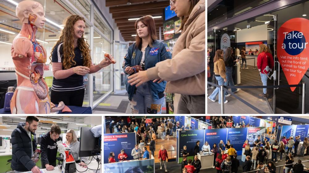 Collage of four photos from last year's UOW Open Day activities..