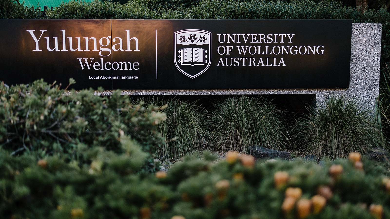An entrance sign welcoming people to UOWs Wollongong campus in the local Aboriginal language.