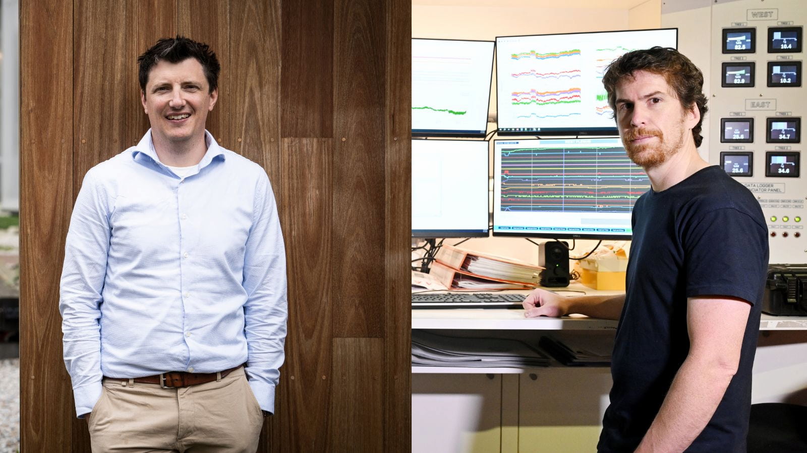 A composite image of Dr Shane Ellis, a man standing against a wall (left), and Dr Alan Green, a man standing next to a computer in a lab. Photos: Michael Gray and Sylvia Liber