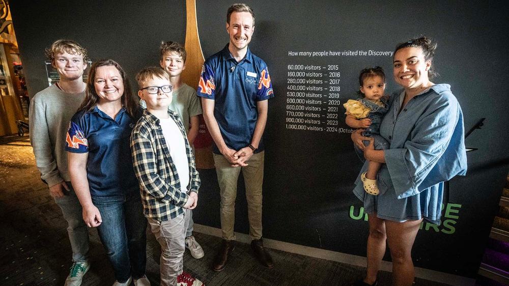 Aidan Vardy, Professor Lisa Kervin, Lochie Vardy, Owen Vardy and Josef English with Addison and Rachel Micallef at the plaque to commemorate the event. (15) and (11)