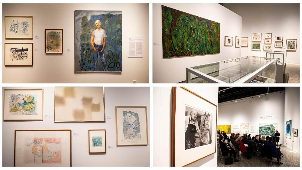 A collage of images showing art works from te Guy Warren exhibition