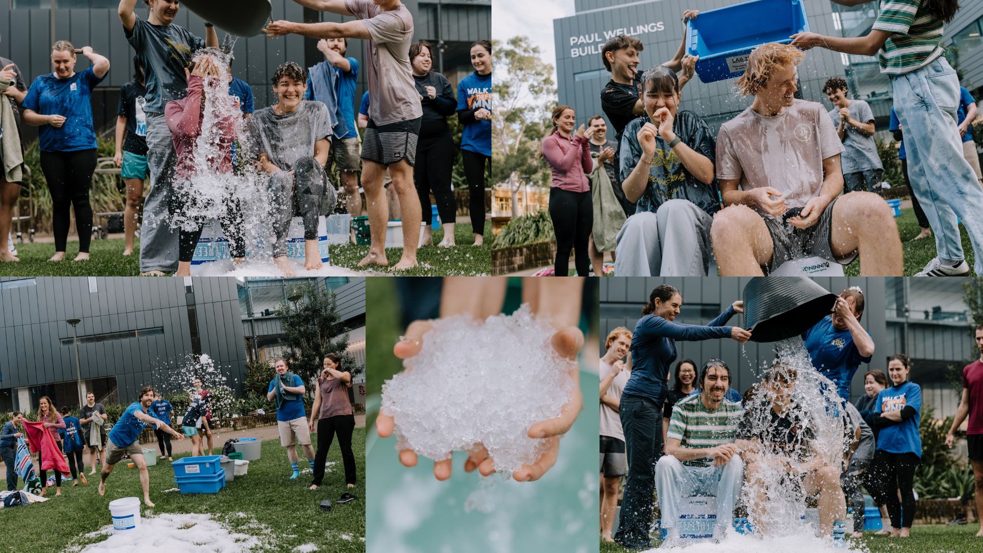 Collage of images showing Yerbury Lab completing the Ice Bucket Challenge including students
