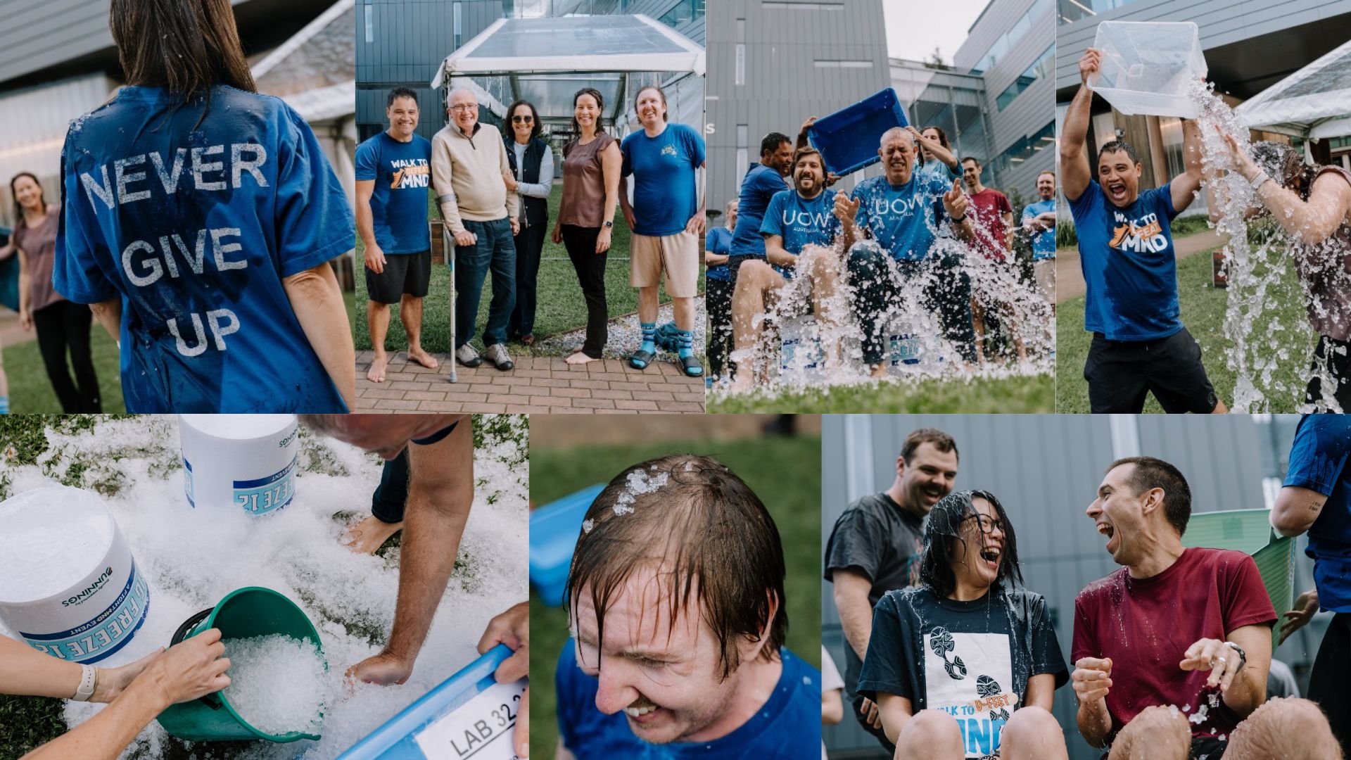 Collage of images showing Yerbury Lab completing the Ice Bucket Challege