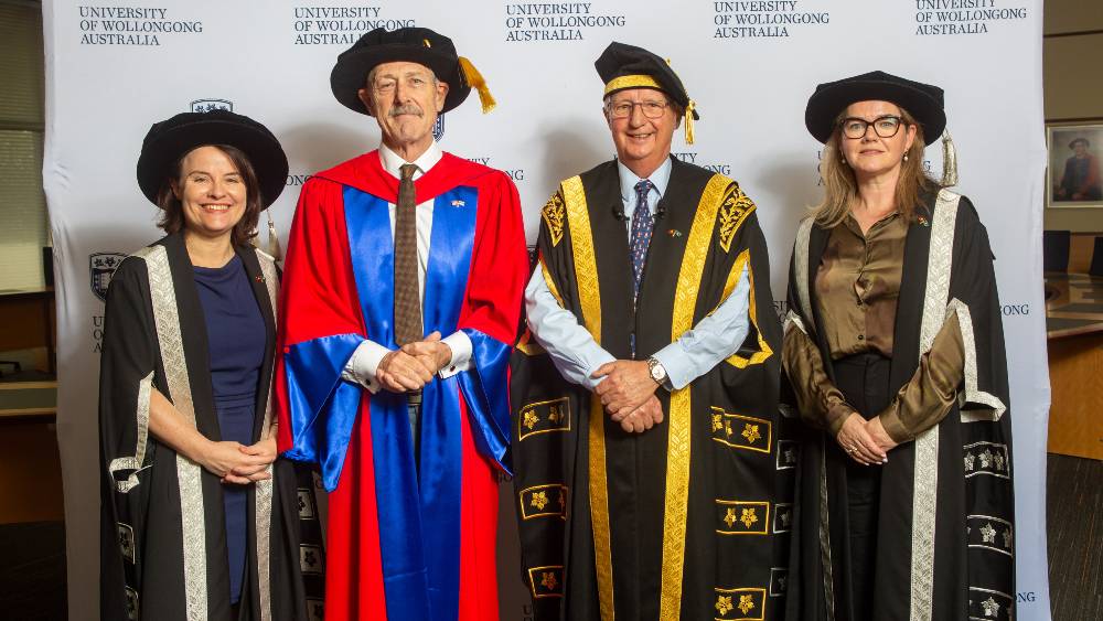 Geoff Morrell with Sue Bennett, Chancellor and Louise Hickman