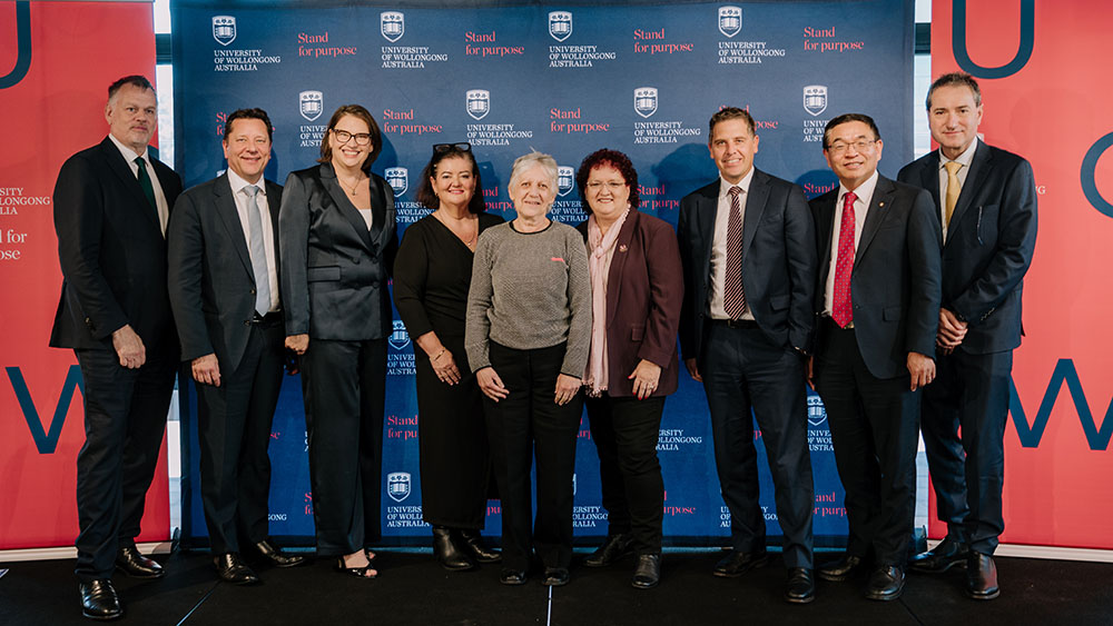 DVC Research and Innovation Professor Alan Rowan, the Hon Paul Scully MP, iAccelerate Director Tamantha Stutchbury, iAccelerate alumni Deanna Maunsell, Professor Judy Raper,  Wollongong Lord Mayor Tania Brown, The Hon Ryan Park MP, Vice-Chancellor Professor Max Lu, Pro Vice-Chancellor (Industry and Engagement) Paul Di Pietro.