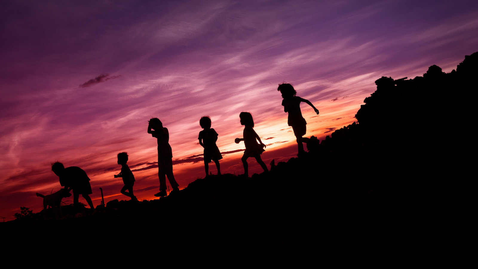 A silhouetted image of four young children, against a purple and orange sunset. Photo: Unsplash