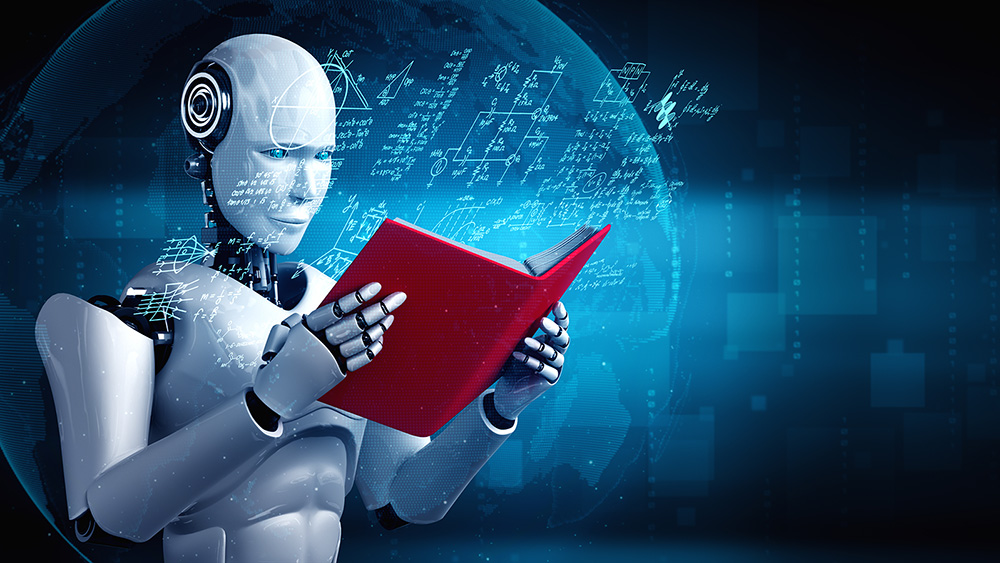 A humanoid robot reads a book.