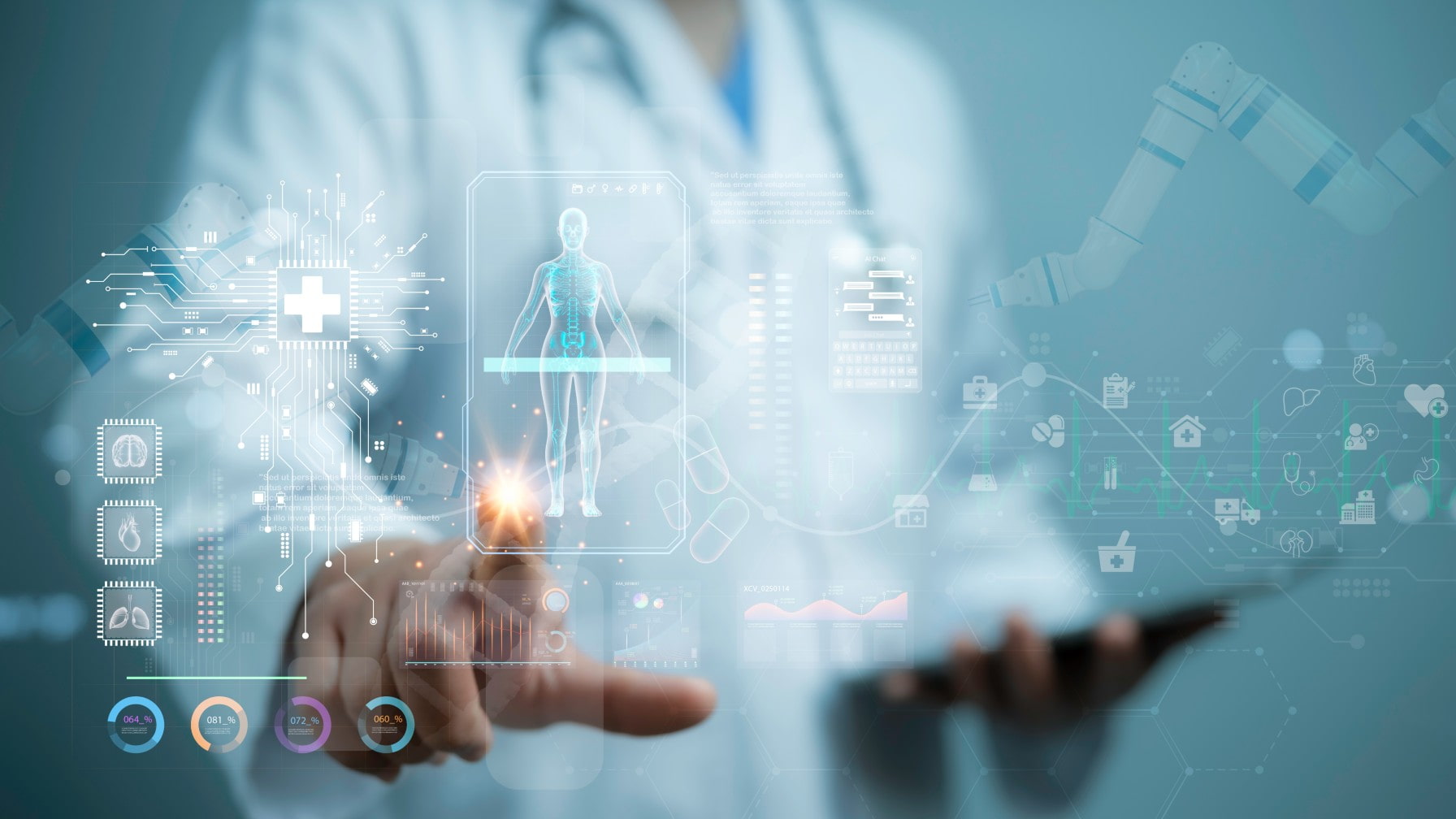 A researcher wearing a white lab coat points to a screen, which has generic technology icons floating in the foreground. Photo: Shutterstock
